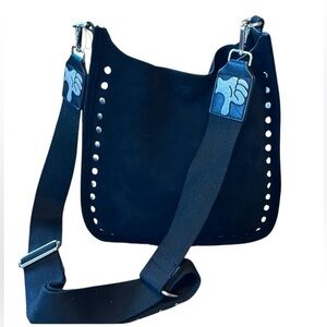 Ah-dorned Black Faux Suede cross body Bag w/silver studs & strap 11”x12”x3”